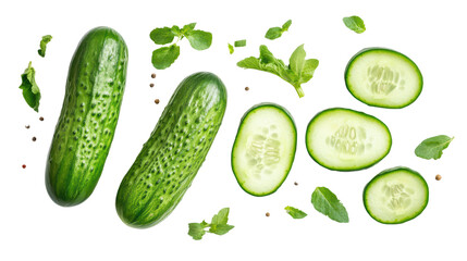 Fresh, crisp cucumbers and fragrant mint leaves are arranged artfully, their vibrant green hues a feast for the eyes, promising a refreshing culinary experience. 