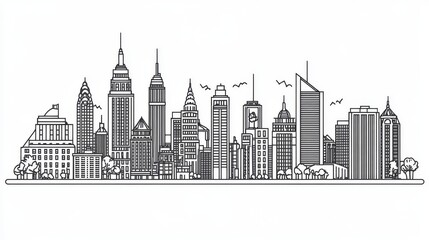 outline drawing of a city skyline featuring iconic buildings and architectural details