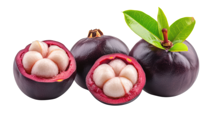 This photo shows a group of three whole mangosteen fruit and two halves, revealing the white, segmented flesh inside. The deep purple rind contrasts beautifully with the soft, white interior, creating
