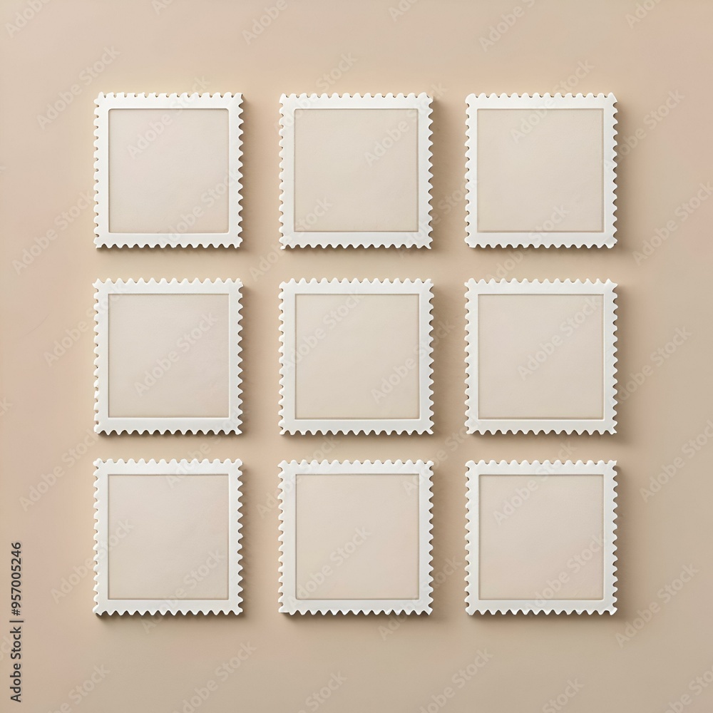 Poster nine blank square postage stamps. arranged in a 3x3 grid. perfect for adding your own design or text
