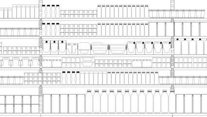 Contour of retail shelves mockup with blank goods. 3d illustration