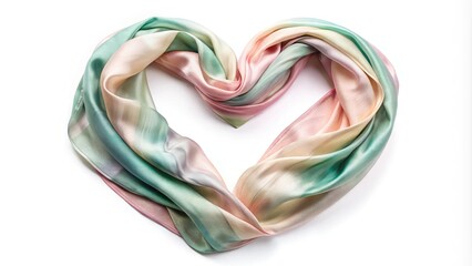 Delicate heart-shaped silk scarf in soft pastel hues drapes elegantly, featuring intricate folds and subtle sheen, perfect for adding romance to any outfit or setting.