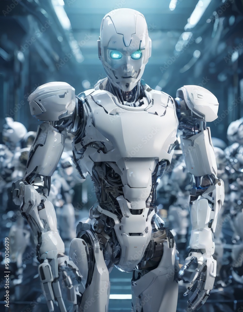 Poster robot standing in room with robots