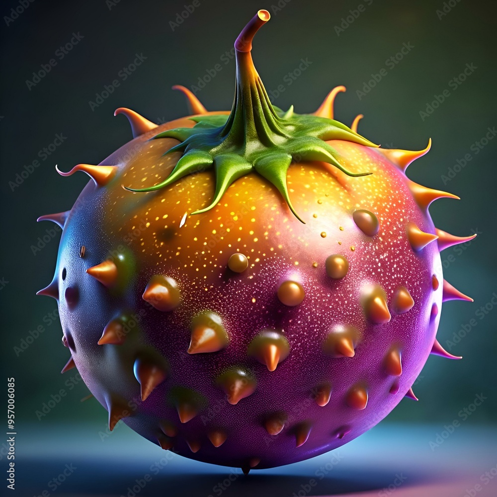 Poster a vibrant. spiky. and abstract 3d render of a unique spherical object.