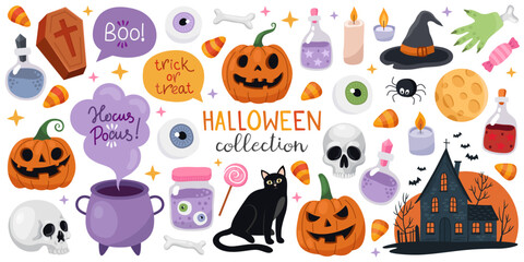 Big collection of magical Halloween illustrations. Elements for Halloween design. Pumpkins, black cat, skull, cauldron, witch hat, scary house, coffin, potion, candles, spider, candies, eyes.