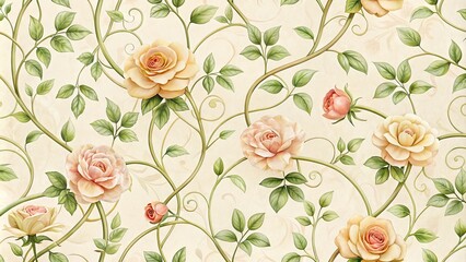 Delicate, intertwining rose vines and flowers adorn a soft, creamy wallpaper design with subtle texture and classic charm, evoking timeless elegance in a sophisticated setting.