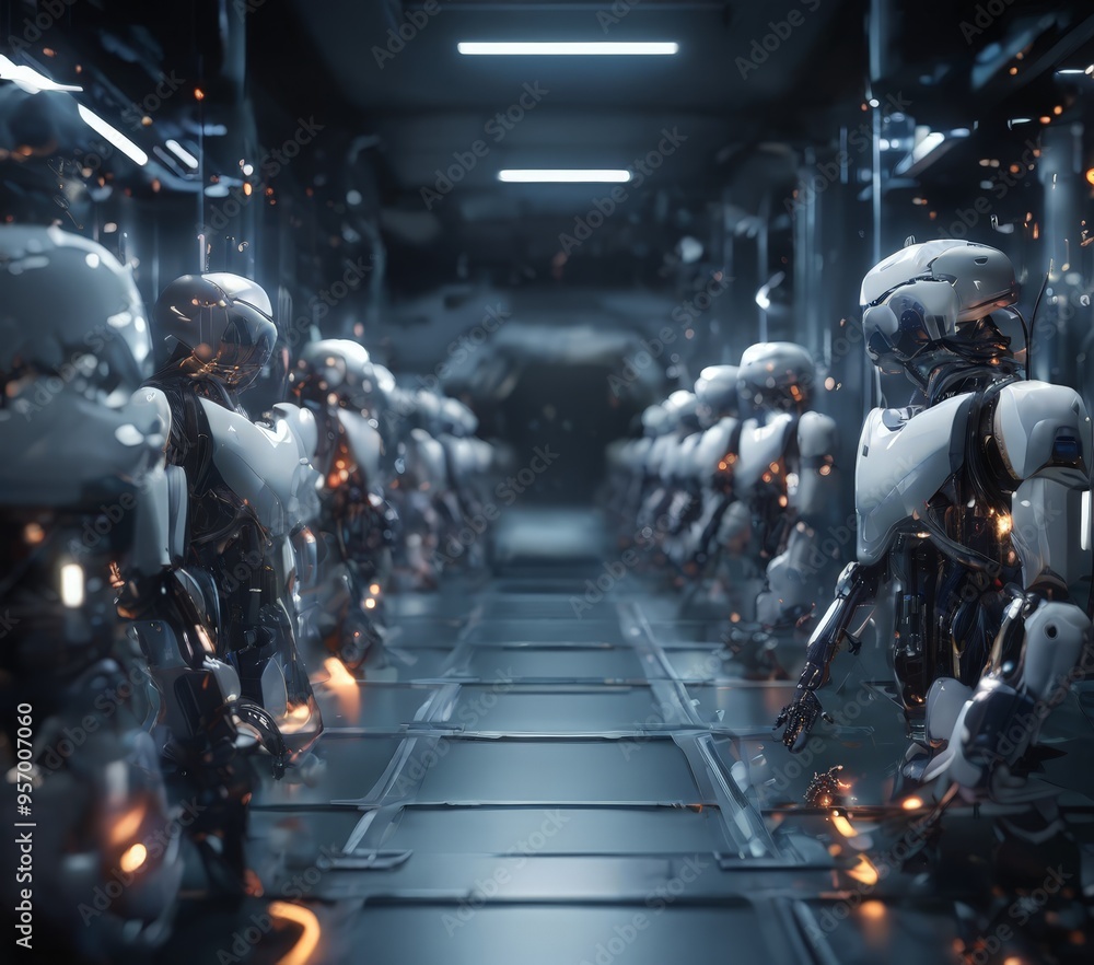 Poster group robots in room with lights