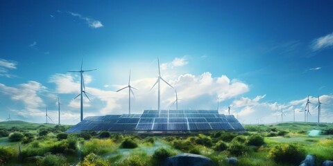 solar farm with wind turbines in the background