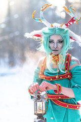 Christmas deer girl looking for gifts for Santa in winter in the forest