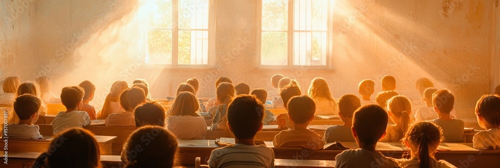Poster Many students sit attentively in a cramped classroom, bathed in sunlight, with outdated materials and limited school supplies. Generative AI