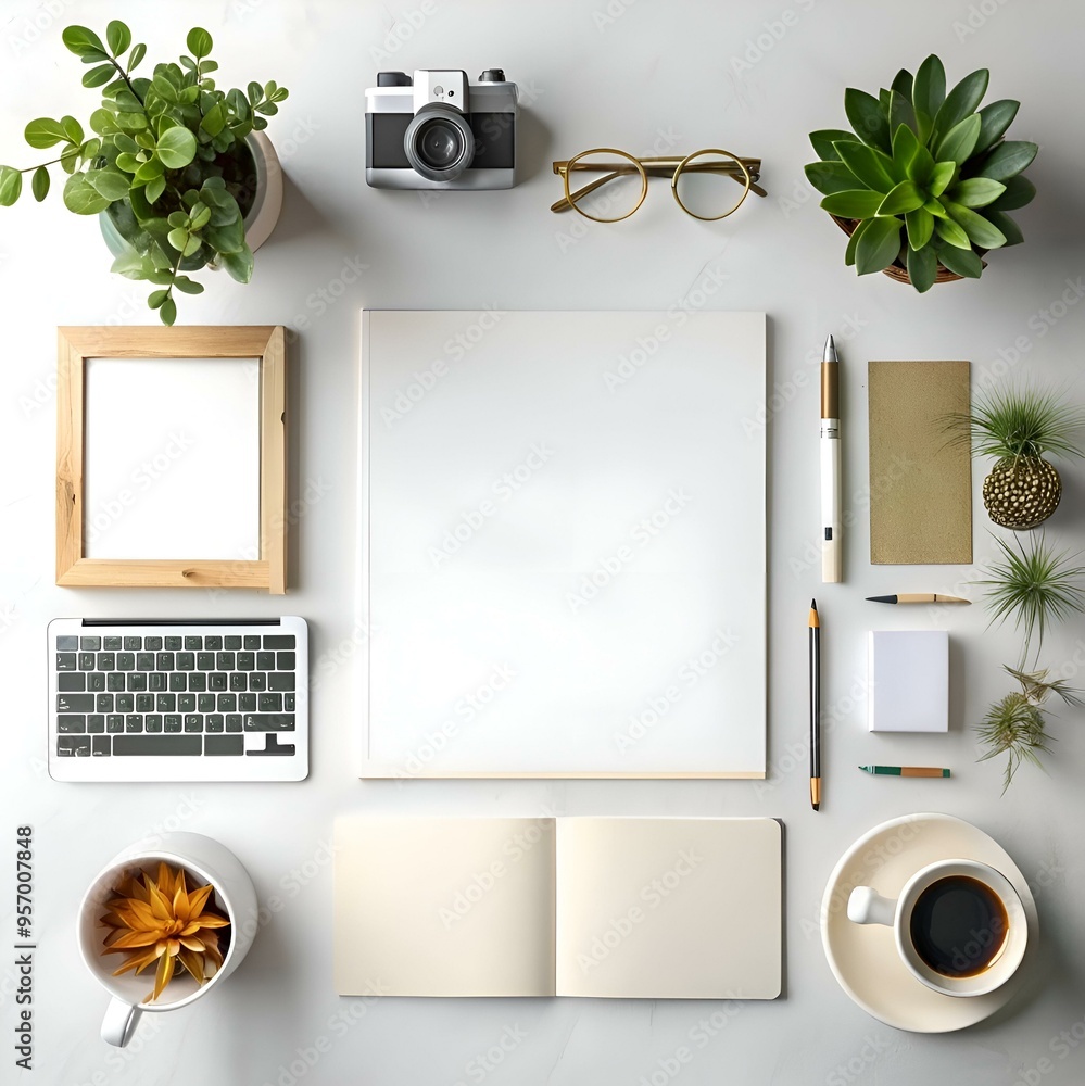 Poster a flat lay image showcasing a minimalistic and stylish workspace with various elements. including a 