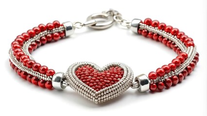 Obraz premium Delicate, intricately crafted heart-shaped beaded bracelet with shimmering silver tones and vibrant red beads, perfect for expressing love and affection on special occasions.