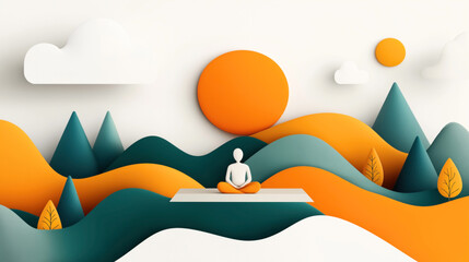 Abstract illustration of a peaceful landscape with hills, trees, and a figure meditating against a backdrop of clouds and the sun.