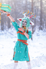 Christmas deer girl looking for gifts for Santa in winter in the forest