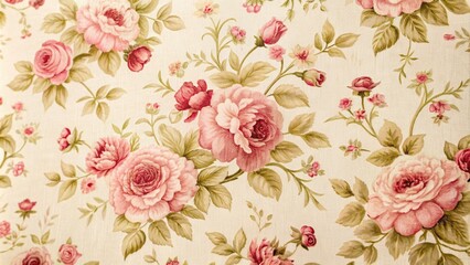 Delicate, intricately designed rose pattern adorns a vintage-inspired, soft-focus textile with subtle sheen, evoking classic romance and elegance in a warm, inviting atmosphere.