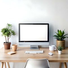 Clean and modern workspace mockup featuring a computer with a blank screen. keyboard. mouse. and potted plants.