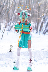 Christmas deer girl looking for gifts for Santa in winter in the forest