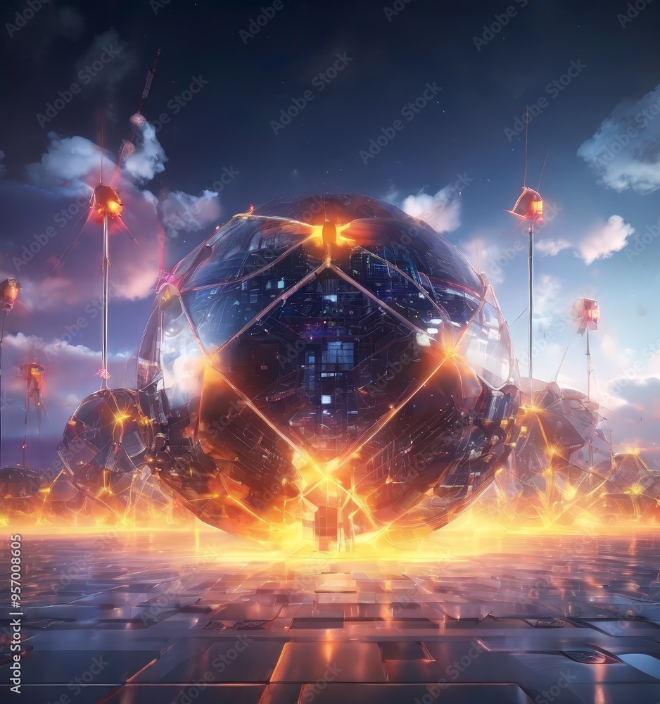 Poster futuristic spaceship with large sphere in the middle
