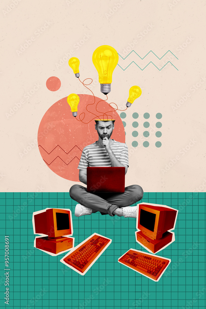 Poster trend artwork composite sketch photo collage of computer monitor retro keypad man work laptop smart 