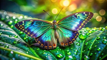 Delicate, intricately patterned butterfly perches on a vibrant green leaf, its iridescent wings glistening with dew, radiating subtle beauty and ethereal elegance in nature.