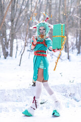 Christmas deer girl looking for gifts for Santa in winter in the forest