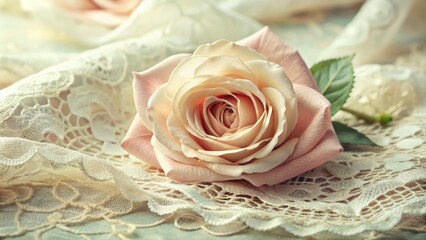 Delicate, intricately patterned lace adorns a soft, pastel-hued rose, evoking a romantic, whimsical vibe reminiscent of vintage elegance and refined, bygone eras.