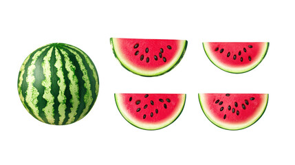 Fresh watermelon with vibrant red flesh and green rind, sliced into quarters, showcasing its juicy texture and black seeds. Perfect for summer! 