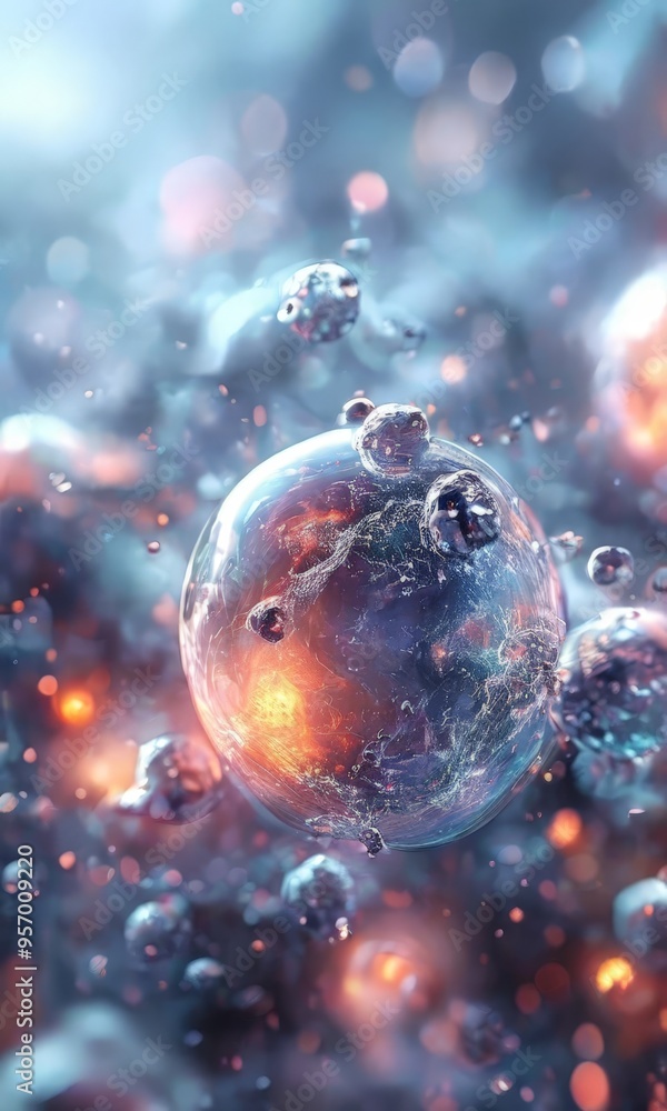 Poster sphere with water droplets floating on it