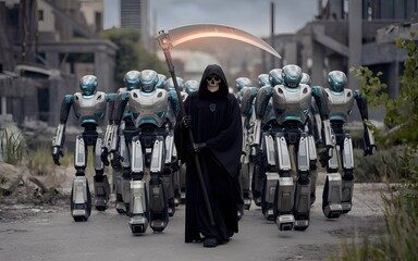 A photo of the Grim Reaper leading a robotic army