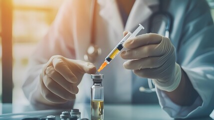 Preparing Medication: Doctor's hands preparing medication in a vial with a syringe.
