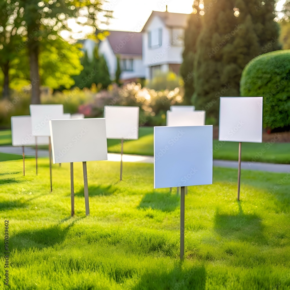 Poster a row of blank white signs in a grassy field with a blurred house in the background.