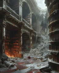 A destroyed library with evidence of fire and snow, decayed bookshelves creating an eerie, dark atmosphere, Generative AI