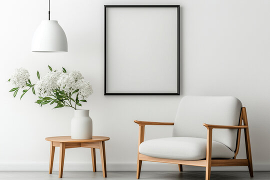 A bright and spacious living room with a white armchair, a wooden table and fresh flowers. A painting for copy space and a minimalist Scandinavian-inspired design.