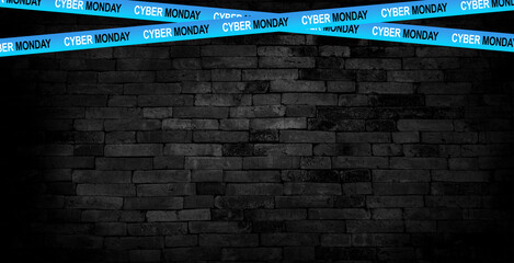 Blank blue wallpaper with crossed sale ribbons for Cyber Monday. Banner with discount stripes frame and empty space for text. Marketing, online shopping card