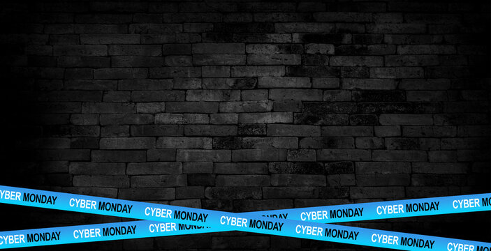 Blank blue wallpaper with crossed sale ribbons for Cyber Monday. Banner with discount stripes frame and empty space for text. Marketing, online shopping card - Powered by Adobe
