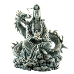 Front view of an opulent jade Guan Yin with dragon statue kept in product photography style isolated on a white transparent background