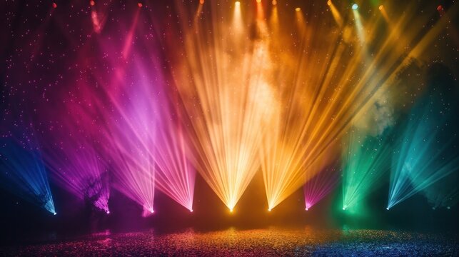 Spectacular pyrotechnic light show with vibrant colorful explosions and beams of light illuminating the night sky creating a captivating visual display during a lively concert