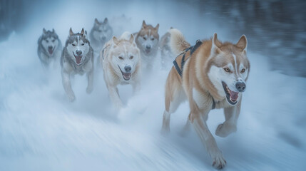 Naklejka premium Husky Sled Dogs Racing Through Snowy Landscape