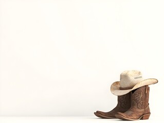 Cowboy Boots Hats and Clothing Items Arranged in Elegant Minimalist Composition Against White Background
