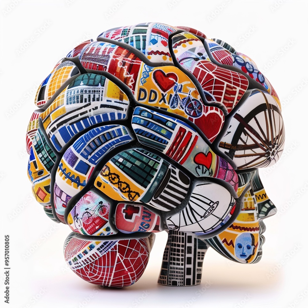 Wall mural abstract brain model with heart, dna