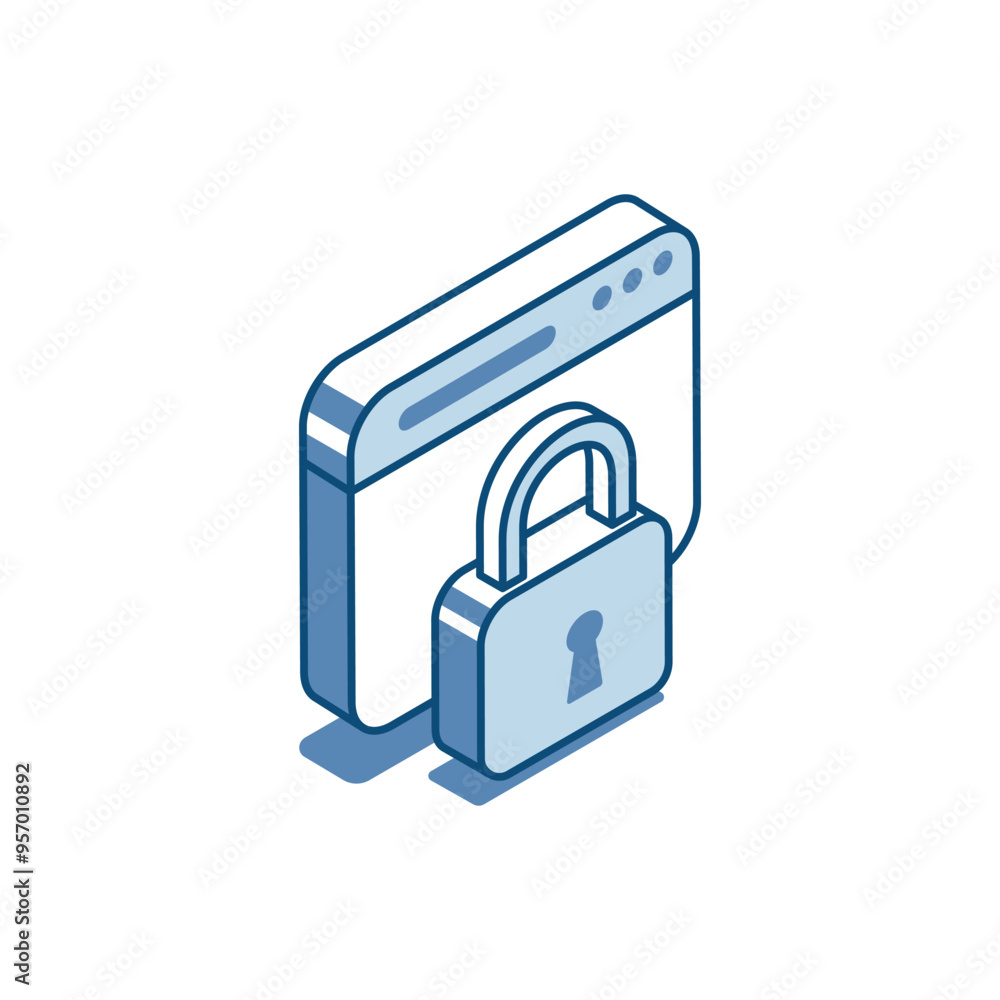 Poster isometric vector lock and program window linear icon, in color on white background, protection or au