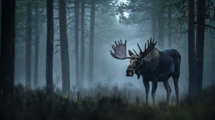 Moose in a Foggy Forest: A Majestic Wildlife Encounter
