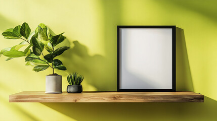 Wooden book shelf in front of lime green yellow  wall, wooden floor, houseplant. Minimalistic interio design.	
