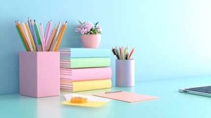 Fototapeta premium Colorful desk setup with pencils and books