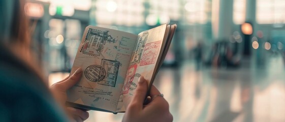 An open passport filled with stamps is held by a person at a busy airport terminal, capturing a sense of travel and adventure.