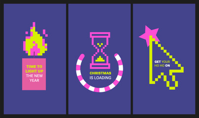 Y2k trendy playful colorful stickers for New Year's celebration. Retro 90th pixel flat style for Christmas SMM. Concept web marketing, cards, t-shirts. Ho-ho-ho cursor click. Geometric Flat Brutalism
