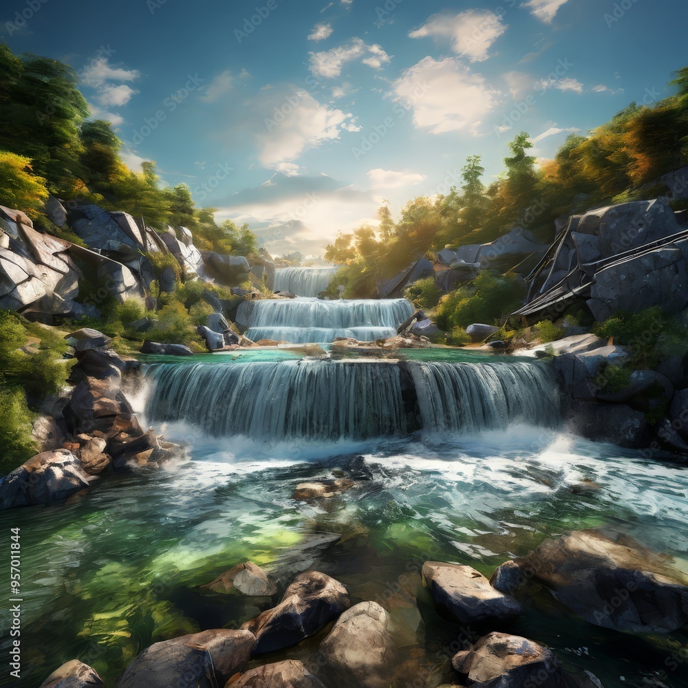 Poster waterfall in forest with rocks and trees