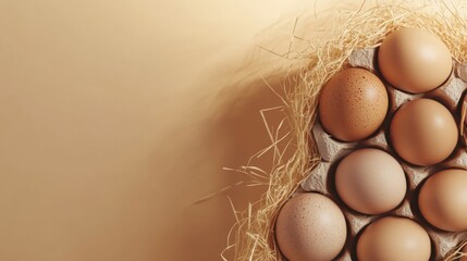 A dozen fresh farm eggs in an egg carton on straw with a beige background, perfect for natural food and agricultural concepts.