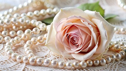 Delicate lace intricately wraps around a soft pink rose, adorned with subtle pearls, creating a romantic, vintage-inspired ornament perfect for classic elegance and timeless beauty.