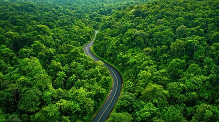 An aerial view of a zigzag road through a dense forest, with lush greenery surrounding it.